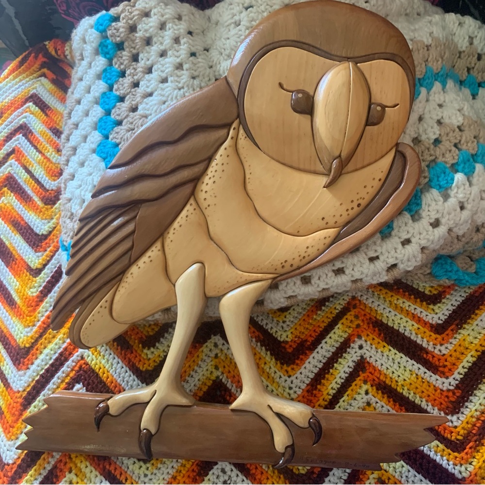 Vintage intarsia wood barn owl wall hanging